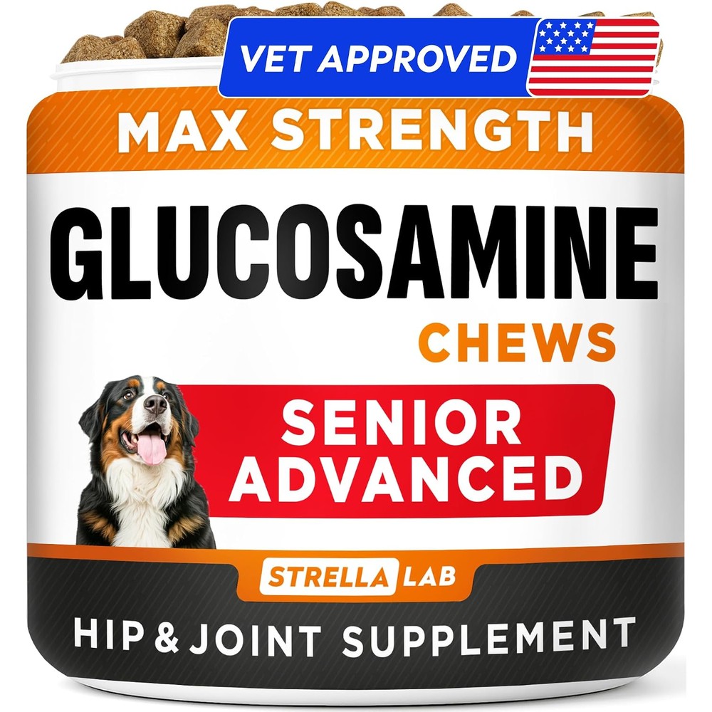 StrellaLab Senior Advanced Glucosamine Chondroitin Joint Supplement For Dogs Hip And Joint Pain Relief Soft Chews Bacon Flavor 120 Count
