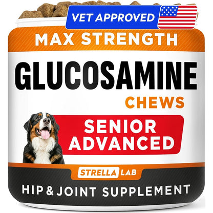 StrellaLab Senior Advanced Glucosamine Chondroitin Joint Supplement For Dogs Hip And Joint Pain Relief Soft Chews Bacon Flavor 120 Count