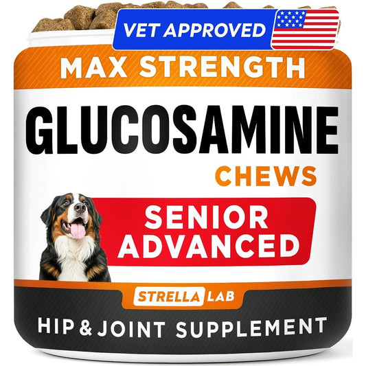 StrellaLab Senior Advanced Glucosamine Chondroitin Joint Supplement For Dogs Hip And Joint Pain Relief Soft Chews Bacon Flavor 120 Count