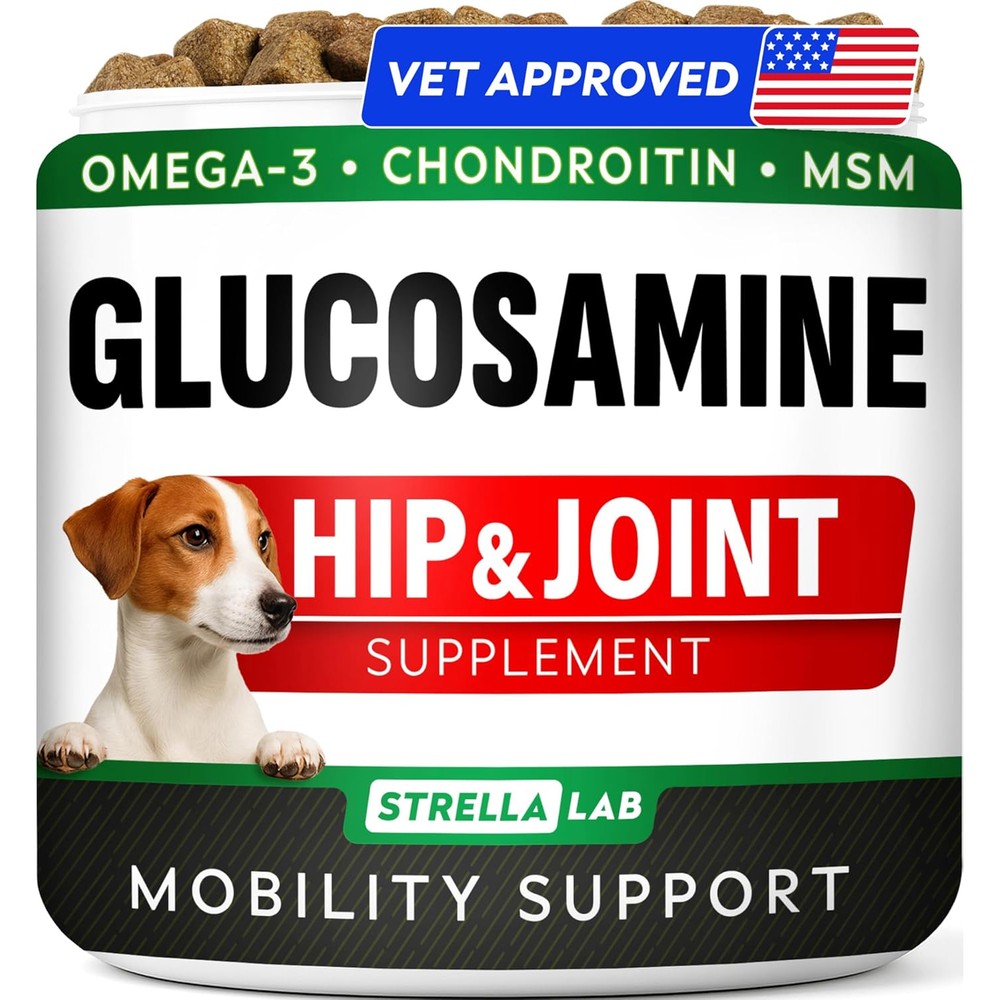 StrellaLab Glucosamine Treats For Dogs Joint Supplement With Omega 3 Fish Oil Chondroitin MSM Advanced Mobility Chews Chicken Flavor 120 Count