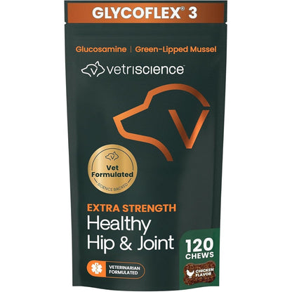 VetriScience Extra Strength Hip And Joint Supplement For Dogs GlycoFlex Stage Three Glucosamine MSM Chicken Flavor 120 Bite Sized Chews