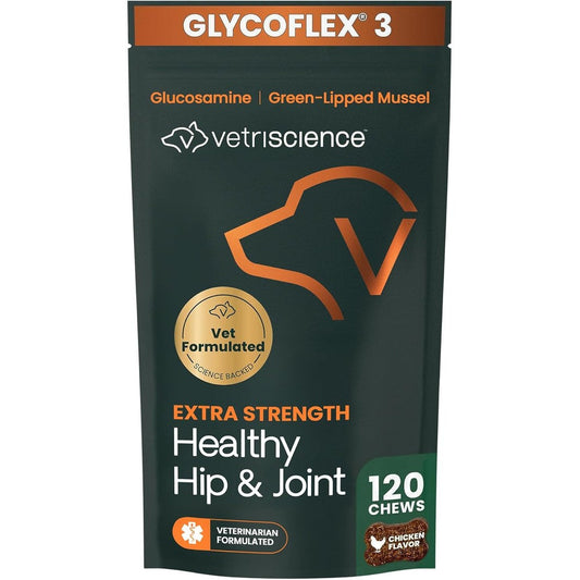 VetriScience Extra Strength Hip And Joint Supplement For Dogs GlycoFlex Stage Three Glucosamine MSM Chicken Flavor 120 Bite Sized Chews