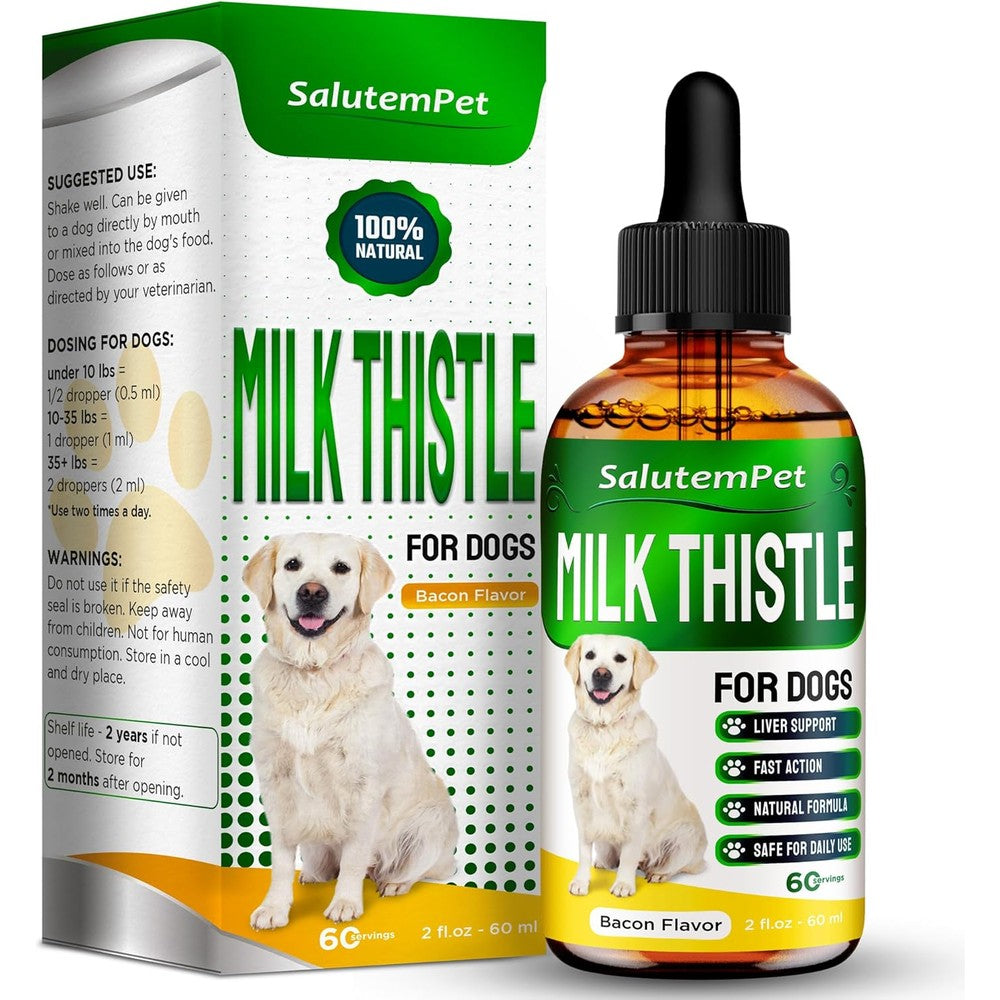 SalutemPet Milk Thistle For Dogs Liquid Liver And Kidney Support Supplement For All Breeds Yummy Bacon Flavor Two Fluid Ounces