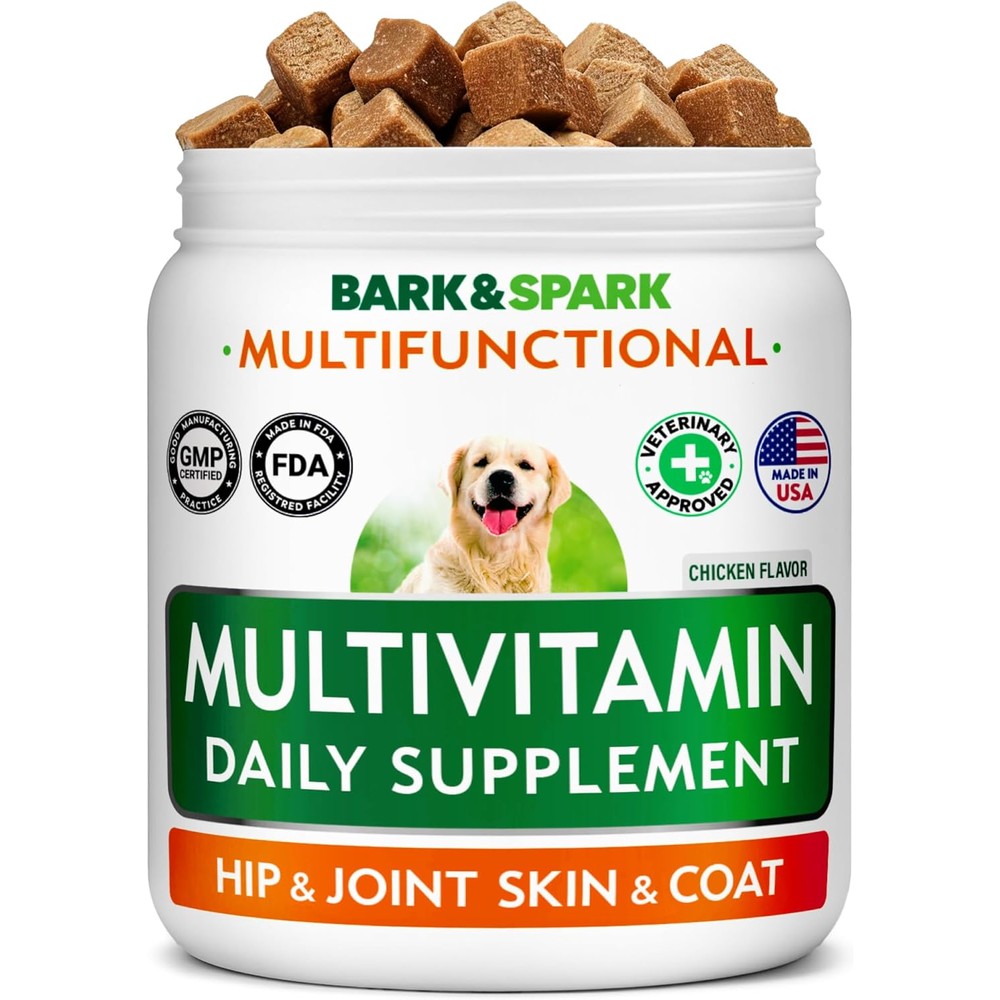 BARK&SPARK Dog Multivitamin Chewable Treats Chicken Flavor With Glucosamine Chondroitin And Omega 3 For Joint And Skin Support 120 Count