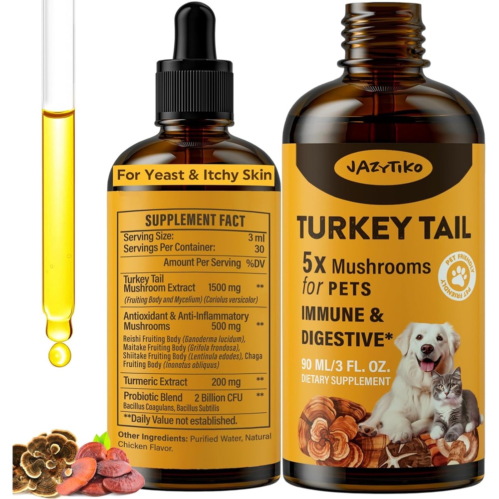 Jazytiko Turkey Tail Mushroom Liquid Drops for Dogs Immune Support Digestive Health Joint Mobility Yeast and Itchy Skin Relief 90 Milliliters