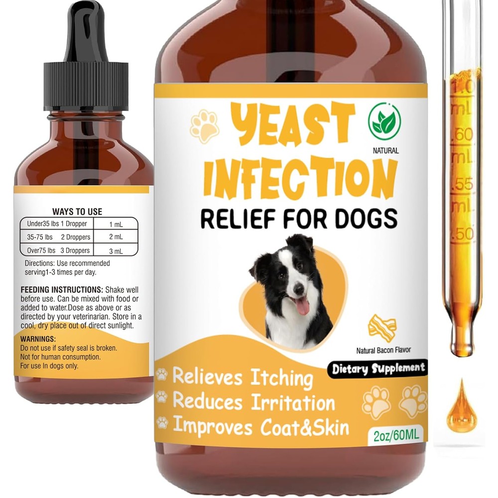 RUAKPL Natural Yeast Infection Treatment For Dogs Liquid Drops Bacon Flavor Anti Itch Skin Allergy And Ear Infection Relief Two Fluid Ounces