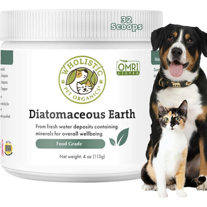 Wholistic Pet Organics Diatomaceous Earth Food Grade Powder Supplement for Dogs and Cats Multi Use Freshwater Sourced Silica Four Ounces