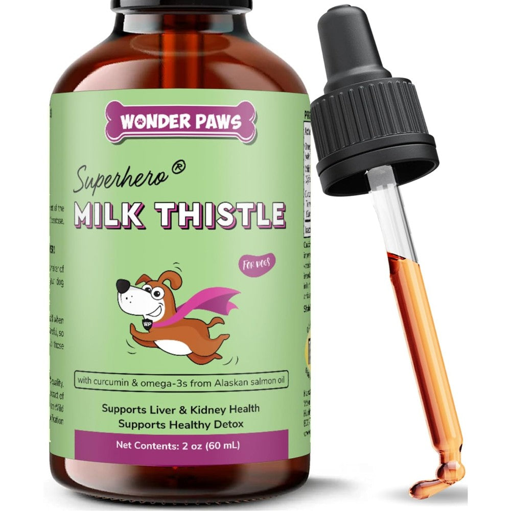 Wonder Paws Superhero Milk Thistle Liquid Liver And Kidney Support Supplement For Dogs With Wild Alaskan Salmon Oil And Curcumin Two Fluid Ounces