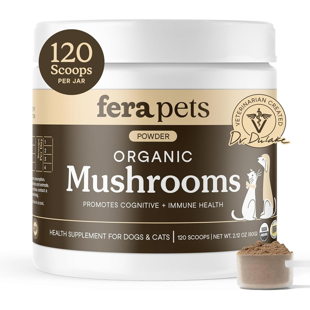 Fera Pets Organic Mushroom Supplement Powder For Dogs And Cats With Turkey Tail For Immune And Cognitive Support One Hundred And Twenty Scoops