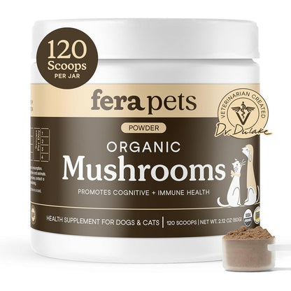 Fera Pets Organic Mushroom Supplement Powder For Dogs And Cats With Turkey Tail For Immune And Cognitive Support One Hundred And Twenty Scoops