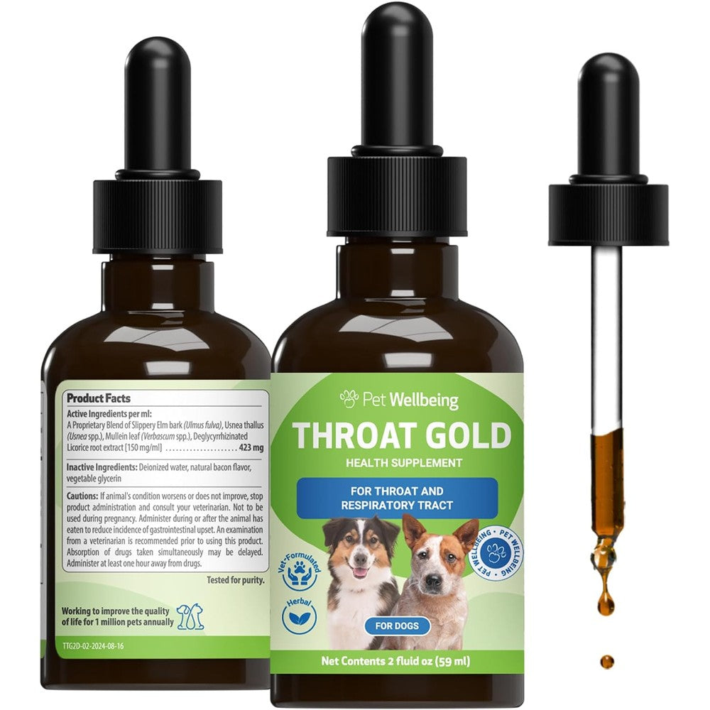 Pet Wellbeing Throat Gold For Dogs Natural Herbal Respiratory Support Liquid Supplement For Collapsed Trachea And Kennel Cough 2 Fluid Ounces