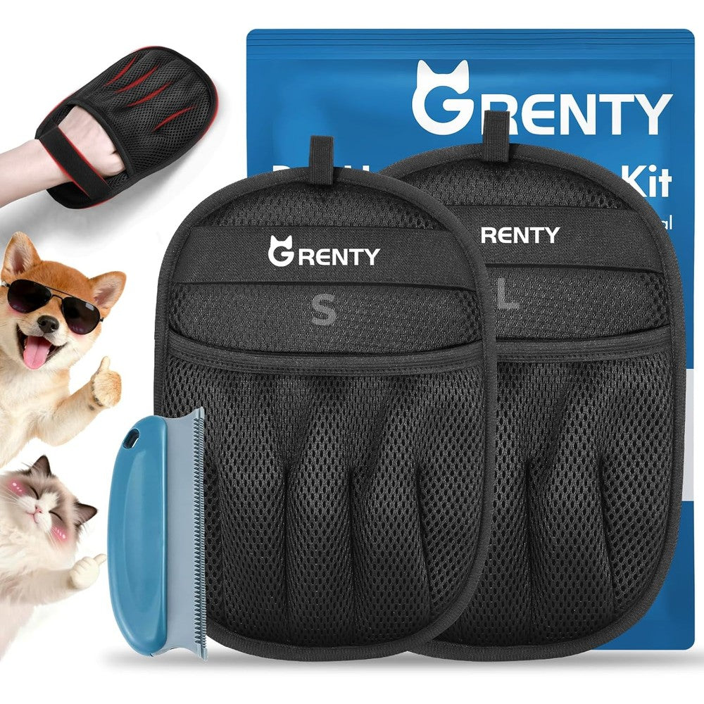 Grenty Pet Hair Removal Glove 2 Pack For Dogs And Cats Upgraded Five Finger Electrostatic Magic Brush Grooming Tool For Furniture Car Seats
