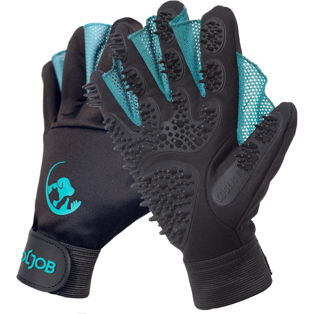 Cooljob Patented Pet Grooming Gloves For Dogs Cats And Horses With Web Design Reusable Washable Massage Hair Remover Mitt Medium Blue Black
