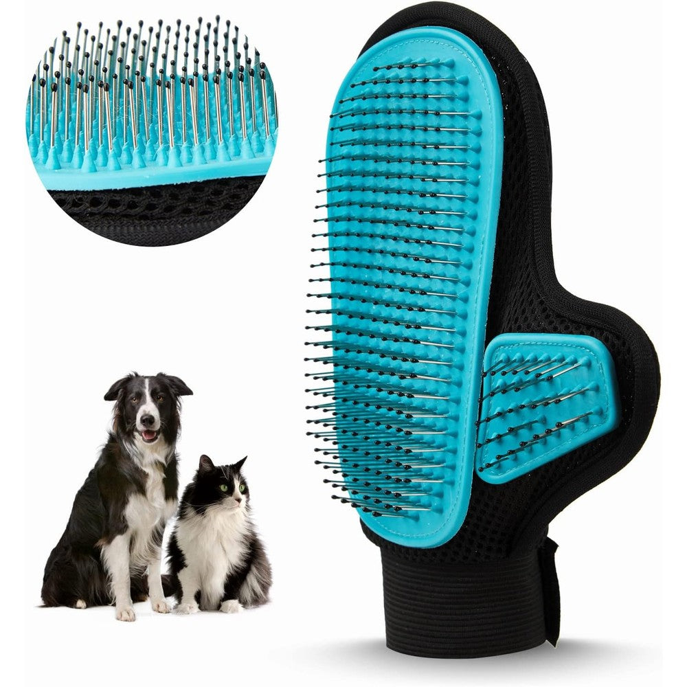 Beenefits Pet Grooming Glove With Tipped Pin Brush For Sensitive Dogs And Cats, Deshedding And Massage Mitt, Right Hand, Blue