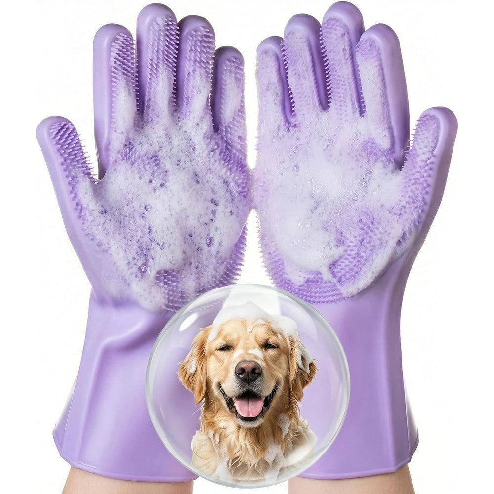 Delomo Pet Grooming Gloves 1 Pair Soft And Gentle Silicone Bathing Scrubber Brush Mitt For Dogs Cats And Horses In Purple