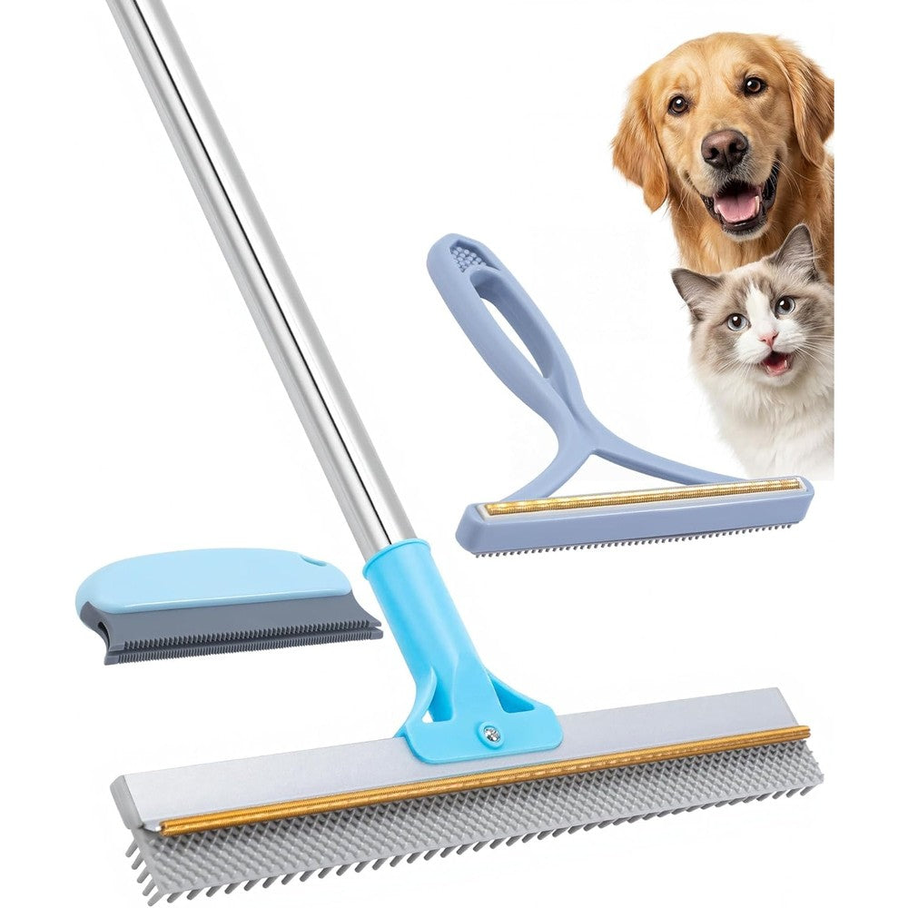 Rzptl Carpet Rake For Pet Hair Removal 3 In 1 Adjustable 54 Inch Handle With Two Lint Scrapers For Rugs Mats Couch And Car Interiors