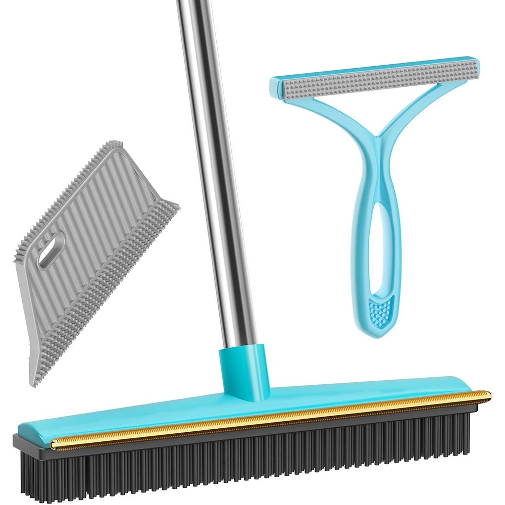 Soccso Carpet Rake For Pet Hair Removal 3 Pack With 60 Inch Long Handle And Rubber Bristles For Carpets Rugs And Furniture