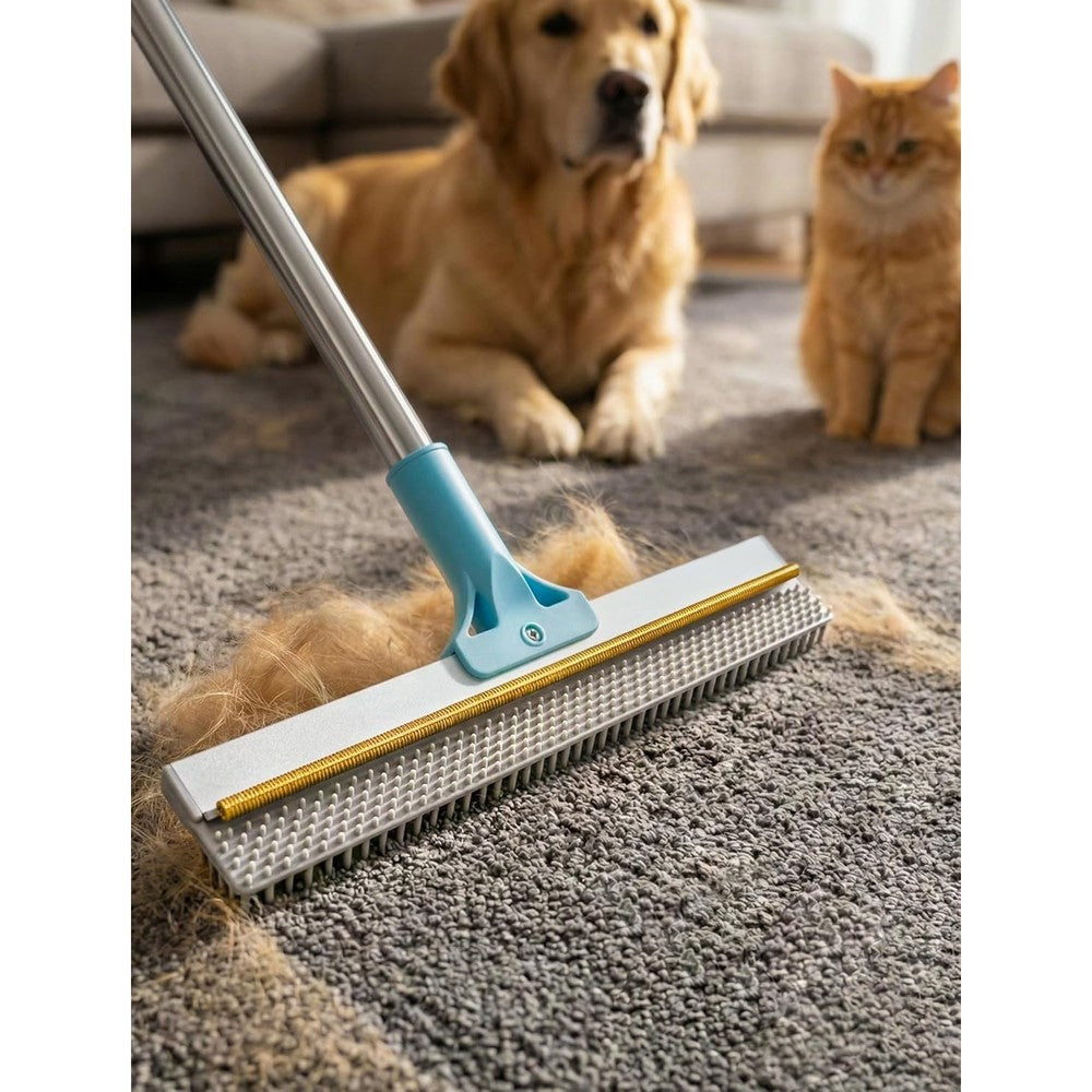 Delomo Carpet Rake For Pet Hair Removal With 54 Inch Adjustable Long Handle And Dual Sided Metal And Silicone Scraper Head