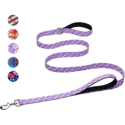 Hikiko Cute Girl Double Handle Dog Leash Padded Traffic Handles For Walking And Training Purple Floral Variant Six Foot Length