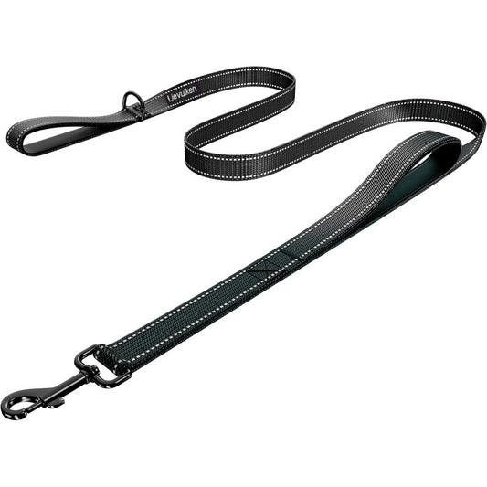 LIEVUIKEN Double Handle Heavy Duty Dog Leash With Traffic Padded Handles Reflective Nylon Safety Training Lead For Medium And Large Dogs Black 4 Foot