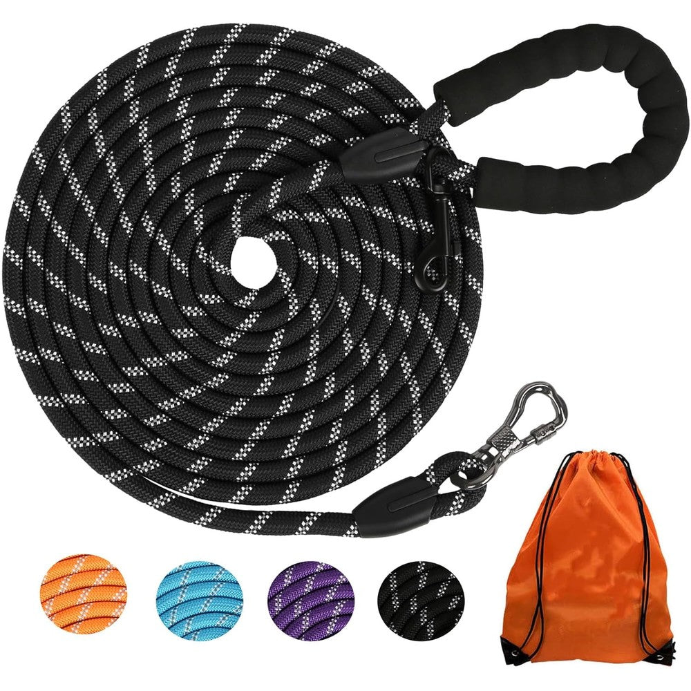 Leterno Long Dog Leash For Dog Training Reflective Heavy Duty Rope Lead With Lockable Hook For Outside Walking Black 30 Feet