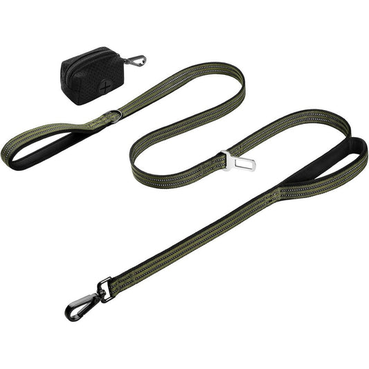 WINGOIN Dog Leash For Large Medium Dogs Heavy Duty Reflective Tactical Pet Lead With Double Handle And Car Seat Belt Buckle Green 6 Feet