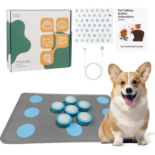 KIMPOK Rechargeable Dog Talking Buttons For Communication Starter Set With Non Slip Silicone Mat And Forty Nine Voice Recording Stickers Six Pieces