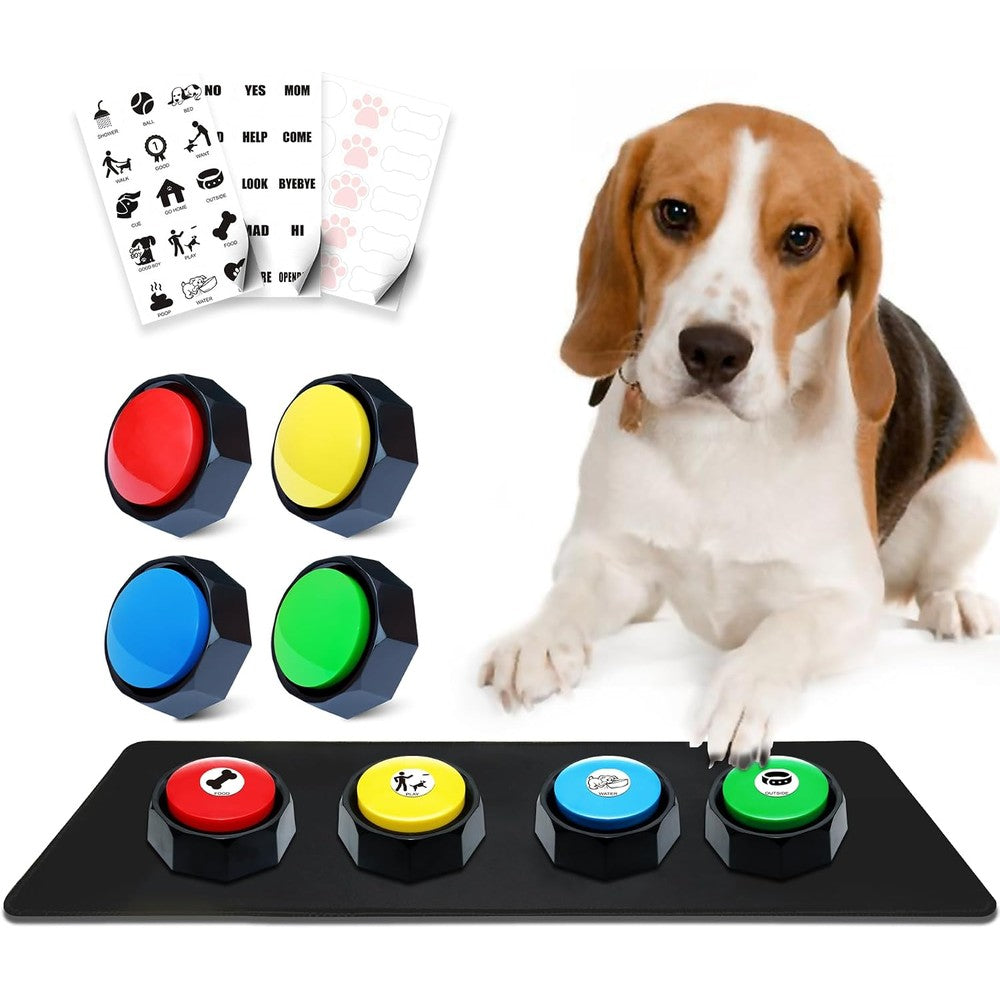A-URA Recordable Dog Buttons For Communication Pack Of 4 Colored Buzzers With Anti Slip Mat And 45 Situation Stickers For Pet Training