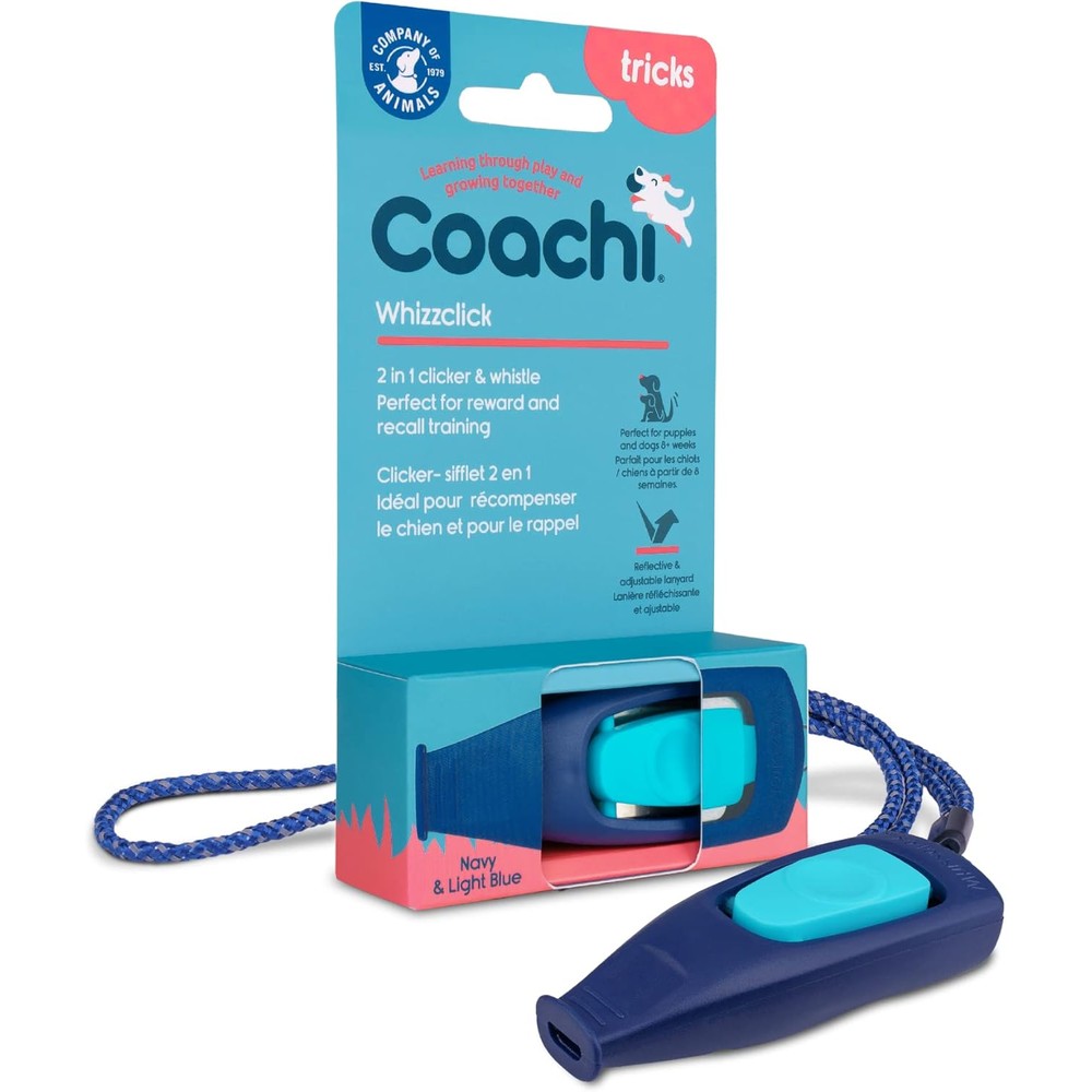 Coachi Whizzclick 2-in-1 Combined Clicker and Whistle for Dog Recall and Reward Training with Adjustable Reflective Lanyard Navy Blue