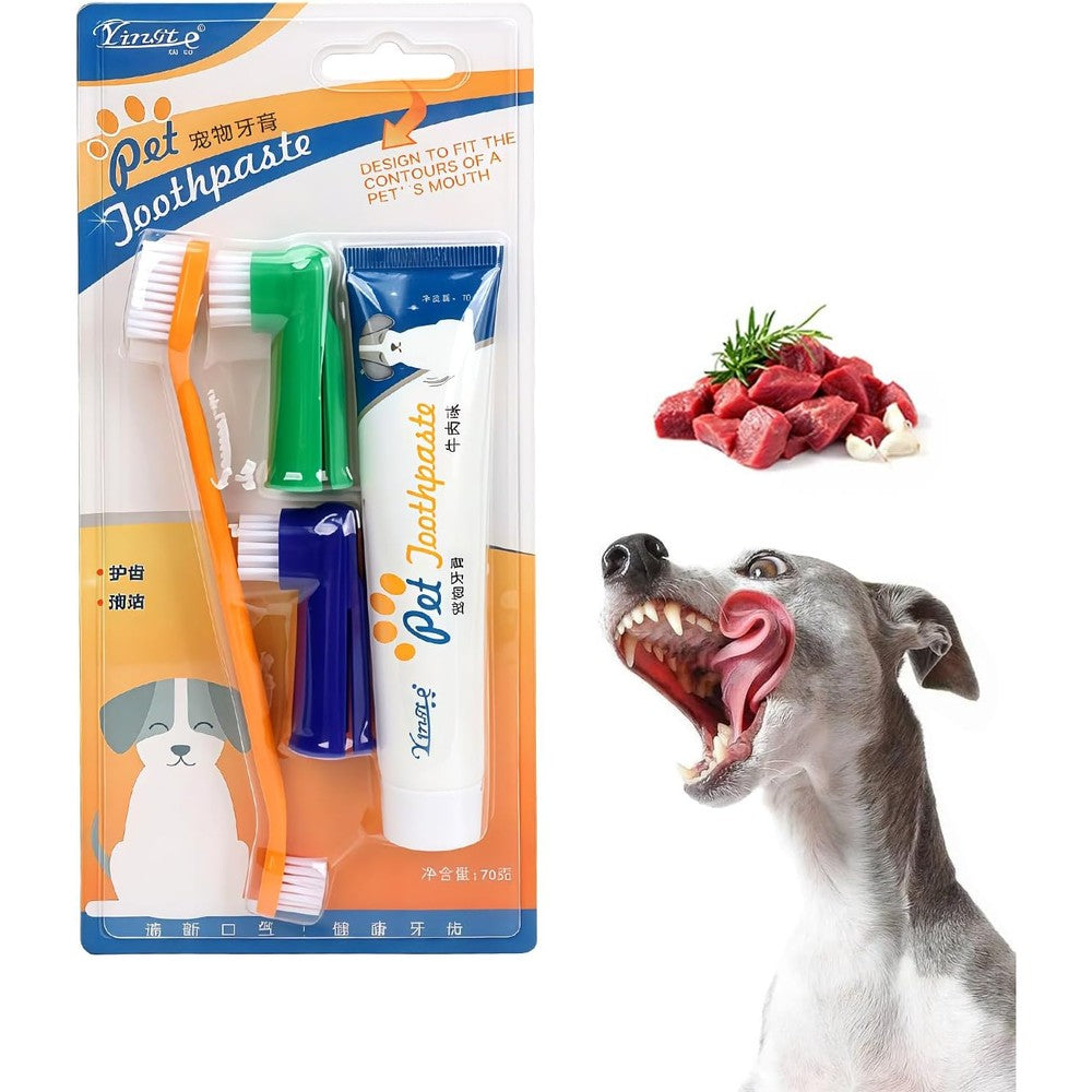 Saficco Dog Toothbrush And Toothpaste Kit For Pet Dental Care Beef Flavor Toothpaste 70 Grams Soft Nylon Double Head Brush And Finger Brushes