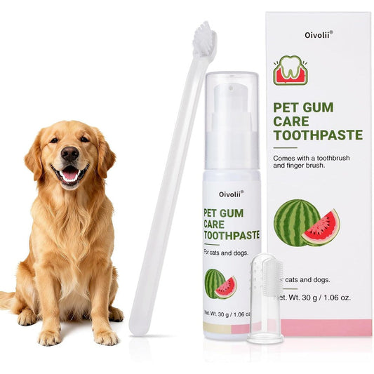 Oivolii Dog Toothpaste Kit For Gum Care Watermelon Flavor Dental Toothpaste Set With Long Handle Toothbrush And Silicone Finger Brush 230 Grams