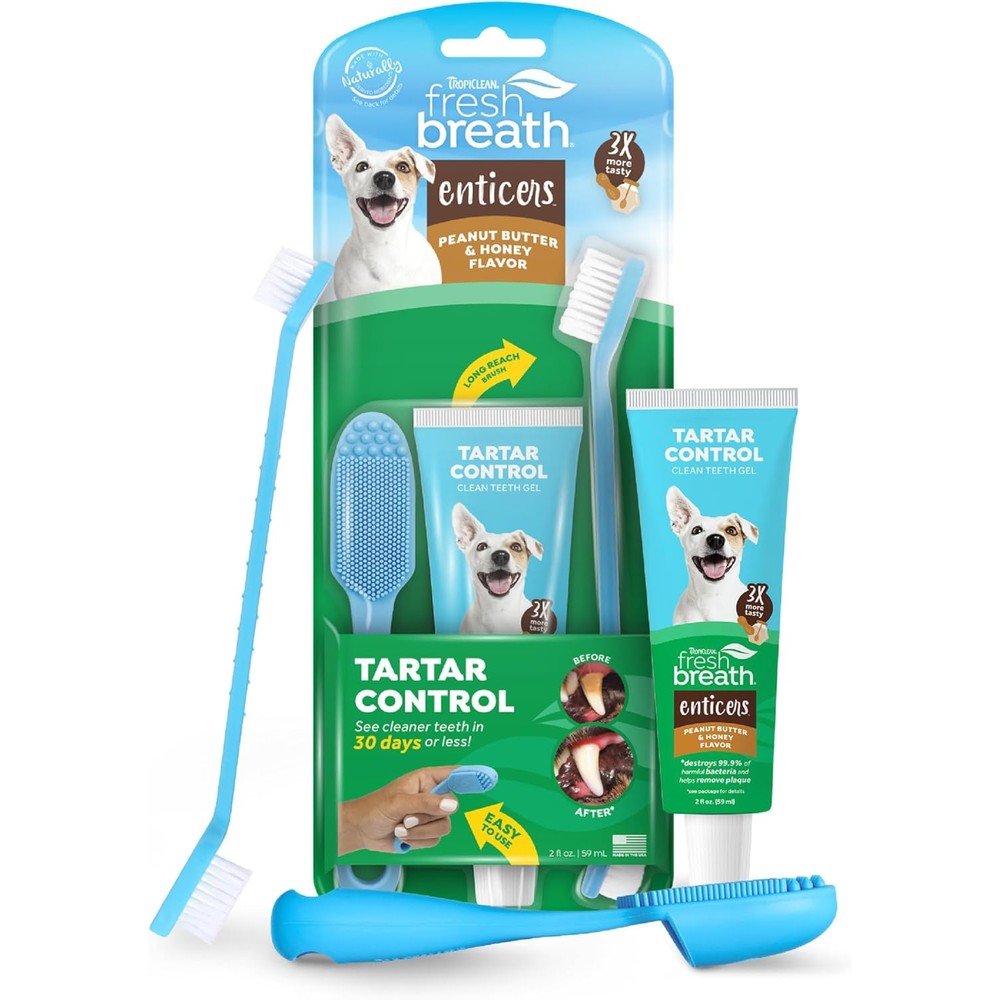 TropiClean Fresh Breath Enticers Dog Oral Care Kit With Peanut Butter And Honey Flavored Toothpaste Soft Bristle Finger Toothbrush Two Ounce
