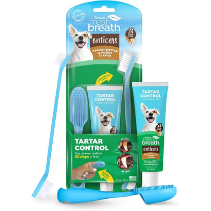 TropiClean Fresh Breath Enticers Dog Oral Care Kit With Peanut Butter And Honey Flavored Toothpaste Soft Bristle Finger Toothbrush Two Ounce