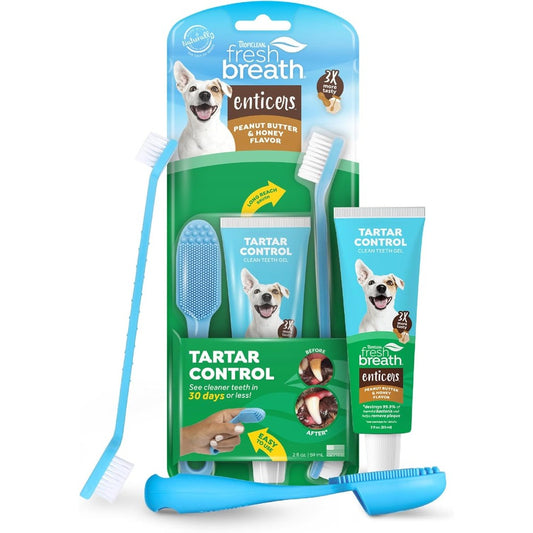 TropiClean Fresh Breath Enticers Dog Oral Care Kit With Peanut Butter And Honey Flavored Toothpaste Soft Bristle Finger Toothbrush Two Ounce