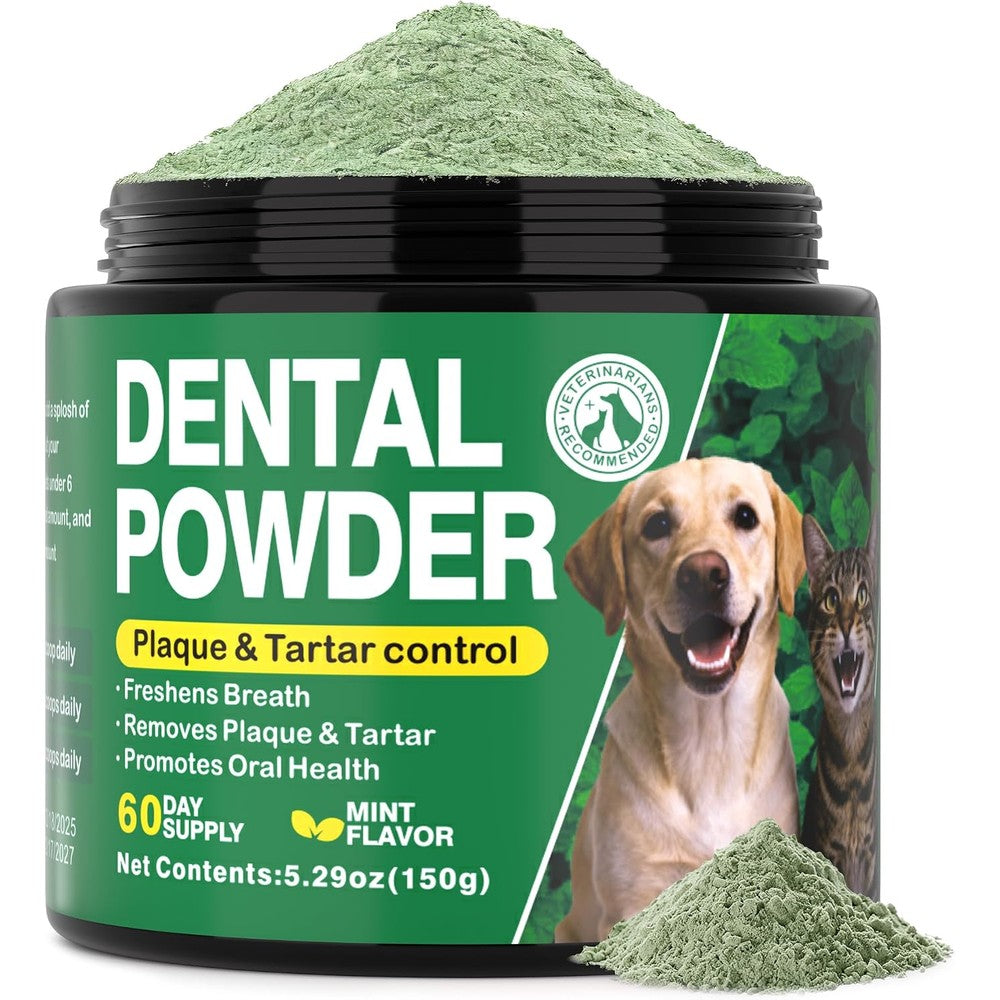 Kiuquty Dog Dental Powder For Teeth Cleaning Fresh Mint Breath Freshener And Plaque Tartar Remover Food Topper 150g