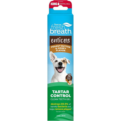 TropiClean Fresh Breath Enticers Dog Teeth Cleaning Gel No Brush Plaque Remover Peanut Butter And Honey Flavor 2 Ounce