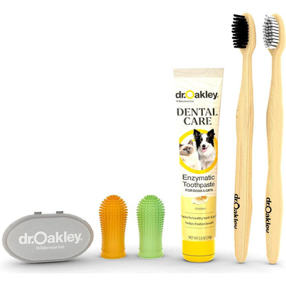Dr. Oakley Dental Toothbrush Kit For Dogs And Cats With Enzymatic Toothpaste Chicken Flavor And Eco Friendly Bamboo Brushes 70 Grams