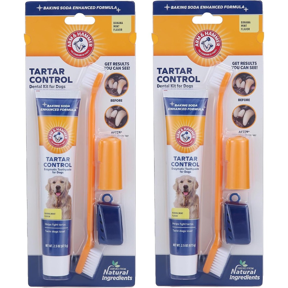 Arm & Hammer For Pets Tartar Control Dog Dental Care Kit Banana Mint Toothpaste With Baking Soda Toothbrush And Finger Brush 2.5 Ounce 2 Pack