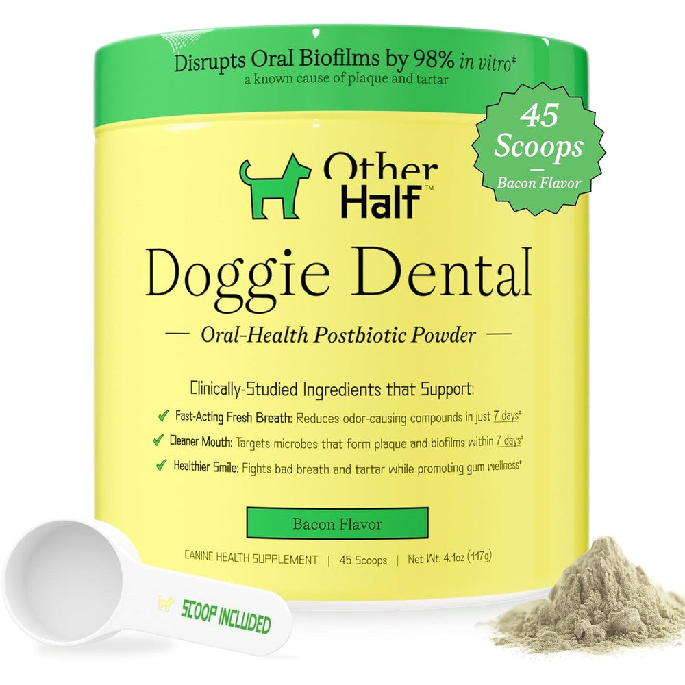 OTHER HALF Doggie Dental Supplement Powder Dog Breath Freshener And Teeth Cleaning Oral Health Postbiotic Bacon Flavor 45 Scoops