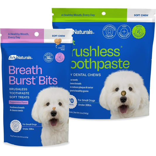 Ark Naturals Small Breed Soft Brushless Toothpaste And Breath Bursts Bundle Dog Dental Chews Twelve Ounce