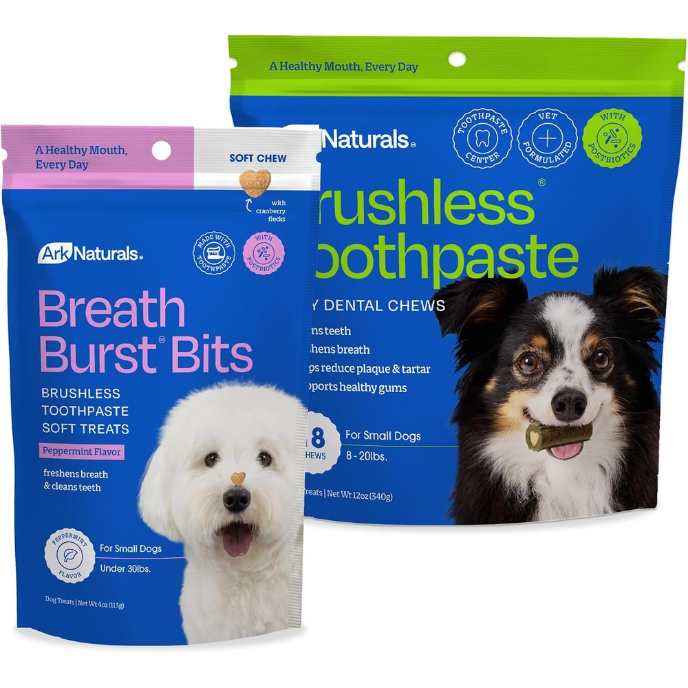 Ark Naturals Small Breed Brushless Toothpaste And Breath Bursts Bundle Vet Formulated Dog Dental Chews Twelve Ounce And Four Ounce