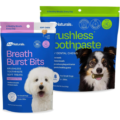 Ark Naturals Small Breed Brushless Toothpaste And Breath Bursts Bundle Vet Formulated Dog Dental Chews Twelve Ounce And Four Ounce