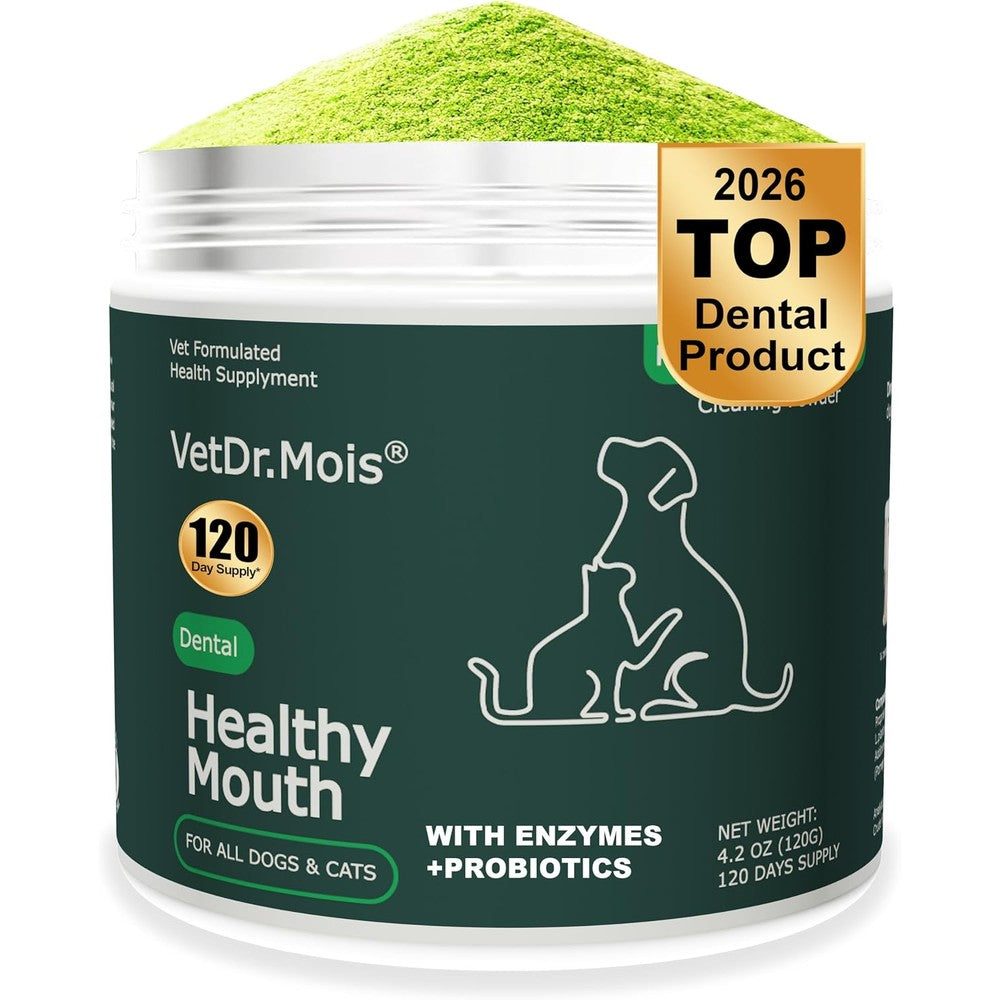 DRMOIS Plaque Removal Natural Dental Powder For Dogs And Cats Enzymatic Teeth Cleaning And Tartar Remover Breath Freshener Supplement 120 Grams