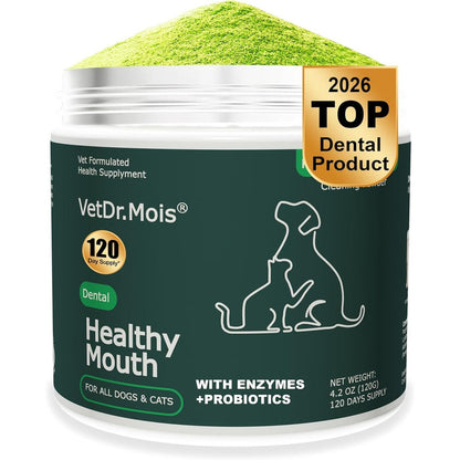 DRMOIS Plaque Removal Natural Dental Powder For Dogs And Cats Enzymatic Teeth Cleaning And Tartar Remover Breath Freshener Supplement 120 Grams