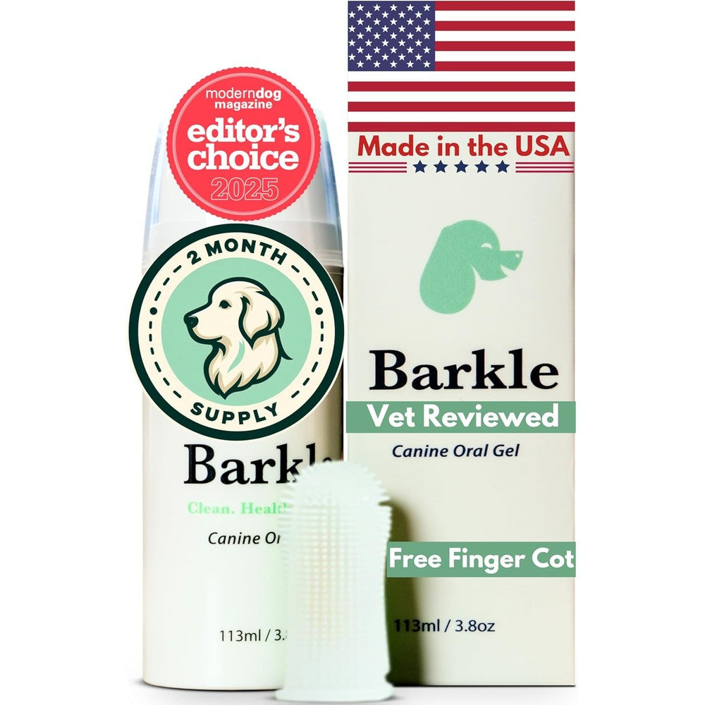 Barkle Vet Reviewed Dog Teeth Cleaning Gel Kit With Finger Cot Brush For Plaque And Tartar Removal Mint Flavor 3.8 Fluid Ounces