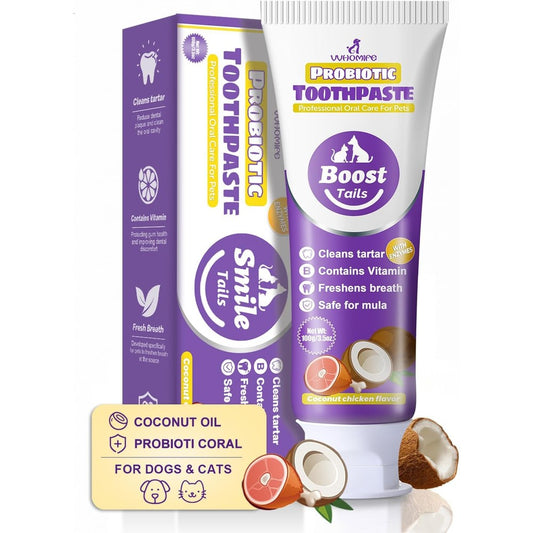 VVHOMIFE Natural Coconut Oil Dog And Cat Toothpaste Safe To Swallow Probiotic Dental Care For Pets 3.52 Ounces