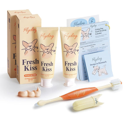FlyDog Fresh Kiss Dog Tooth Brushing Kit With Enzymatic Peanut Butter Toothpaste Three Hundred Sixty Degree Toothbrush And Finger Brush