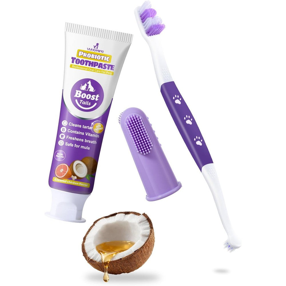 VVHOMIFE Professional Dog Teeth Cleaning Kit With Coconut Chicken Flavored Toothpaste Dual Head Toothbrush And Finger Brush For Medium And Large Do...