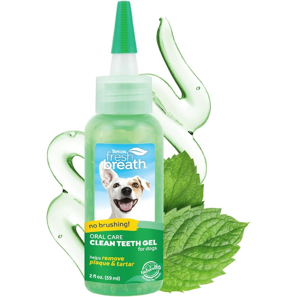 TropiClean Fresh Breath Clean Teeth Dental Gel No Brushing Dog Toothpaste And Plaque Remover Mint Flavor Two Ounce