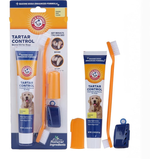 Arm And Hammer For Pets Tartar Control Dog Dental Care Kit With Banana Mint Toothpaste Double Sided Toothbrush And Finger Brush 2.5 Ounce